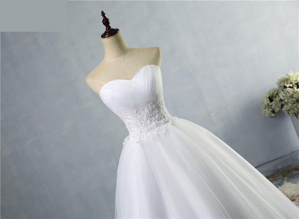Sheer Beads Tulle Lace A-Line Bridal Wedding Dress with Crystal - SolaceConnect.com