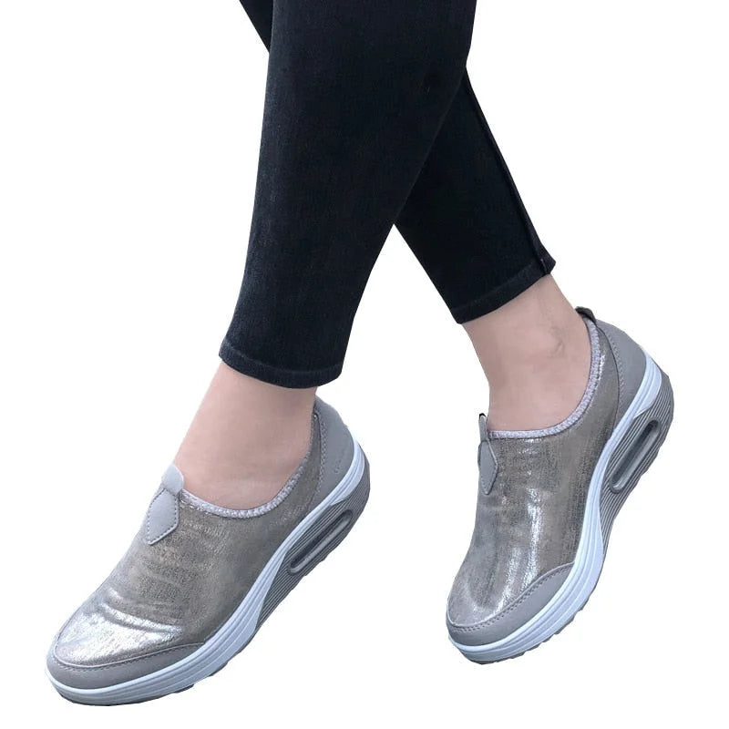 Shiny Gray Women Shallow Trainers Comfort Moccasins Slip-on Ballet Casual Shoes  -  GeraldBlack.com