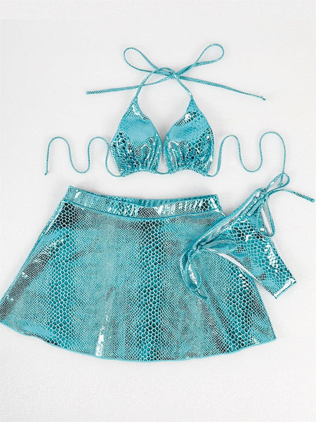 Shiny Snake Print Bikinis Set Women Lace Up Bandage Skirt Cover Up 3 Piece Swimsuit Beach Bathing Suit Thong Swimwear  -  GeraldBlack.com