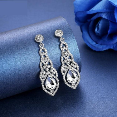 Silver Champagne Blue Crystal Wedding Bridal Long Earrings for Women - SolaceConnect.com
