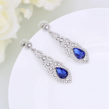 Silver Champagne Blue Crystal Wedding Bridal Long Earrings for Women  -  GeraldBlack.com