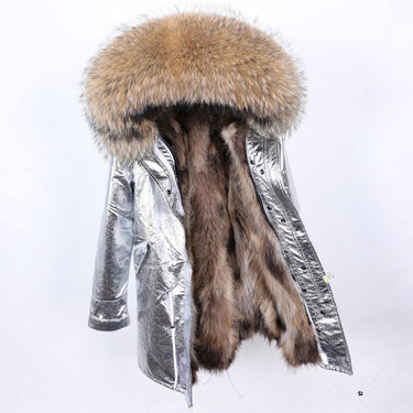 Silver Color Long Winter Jacket for Women with Natural Raccoon Fur Hood  -  GeraldBlack.com