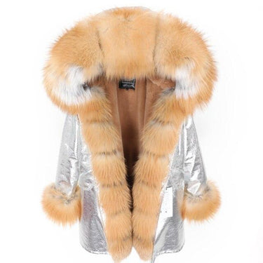 Silver Color Women's Fox Fur Leather Hooded Long Detachable Coats & Jackets  -  GeraldBlack.com