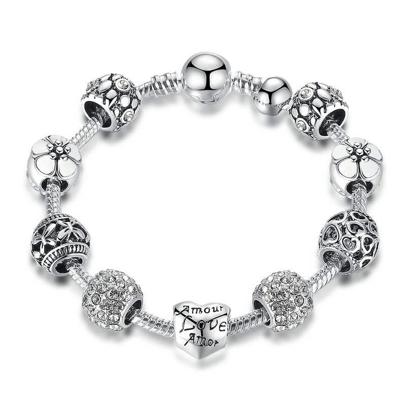 Silver Plated Charm Bracelet Bangle with Love and Flower Beads Women Wedding Jewelry 4 Colors 18CM 20CM 21CM PA1455  -  GeraldBlack.com