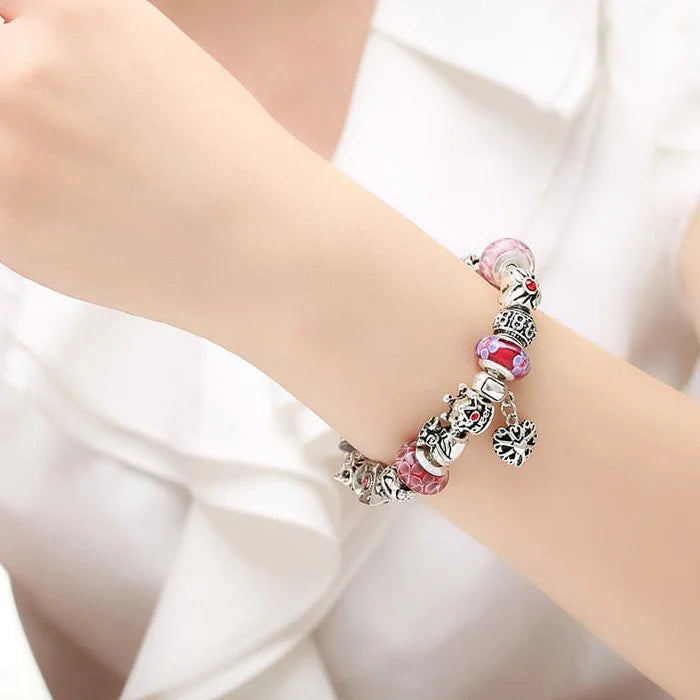 Silver Plated Charms Bracelet Bangles With Queen Crown Beads for Women PA1823  -  GeraldBlack.com