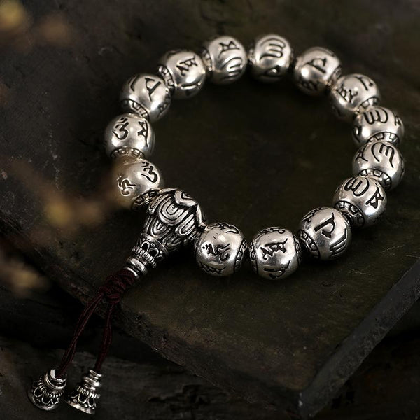 Silver Round Beaded Buddhist Carved Tibetan Prayer Bracelet - SolaceConnect.com