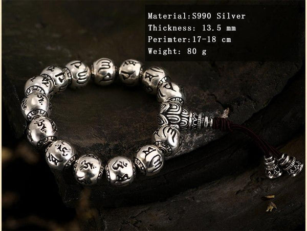 Silver Round Beaded Buddhist Carved Tibetan Prayer Bracelet - SolaceConnect.com