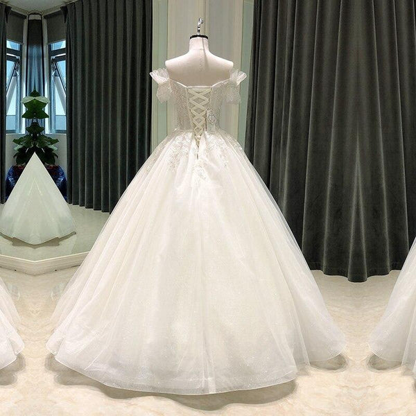 Simple Ball Gown Elegant Puff Sleeve Beads Decorated Bridal Wedding Gowns  -  GeraldBlack.com