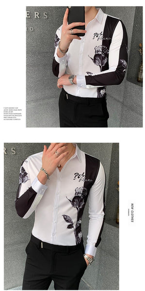 Simple Fashion Patchworked Digital Printed Long Sleeve Slim Shirt for Men  -  GeraldBlack.com