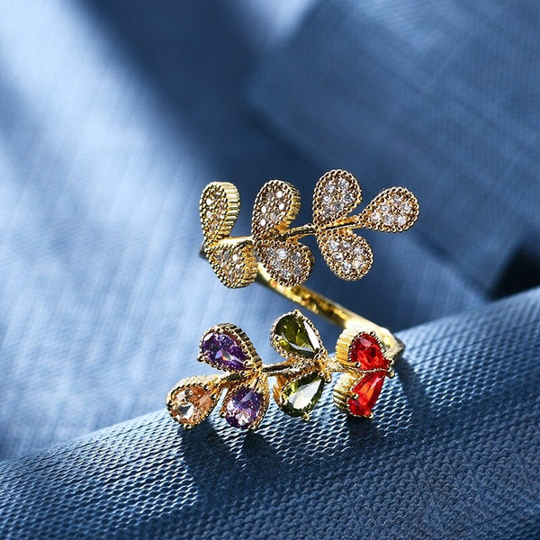 Simple Korean Style 6 Colors Adjustable Leaf Zircon Rings for Women - SolaceConnect.com