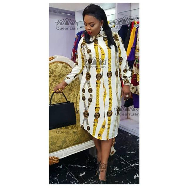 Size L-3XL African Printed Shirt-Collar Skirt Big Elastic Dress for Women - SolaceConnect.com