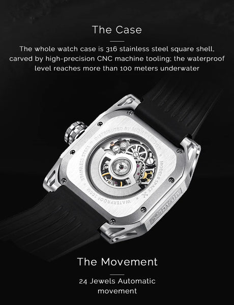 Skeleton Automatic Watch Men Sports Square Mechanical Wristwatches Movement 46mm Diver Watches  -  GeraldBlack.com