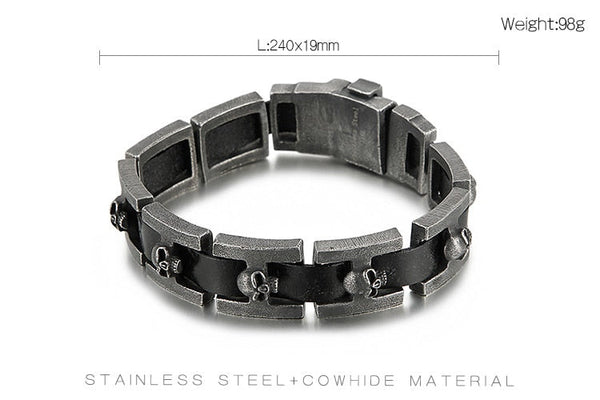 Skull Head Shaped Men's Leather Bracelets With Belt Buckle Stainless Steel Hand Bands Wristbands Big Size 24 23CM  -  GeraldBlack.com
