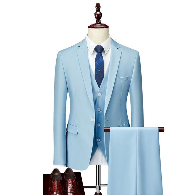 Sky Blue Classic Men's Groom Single-Button Three-Piece Suit Set  -  GeraldBlack.com
