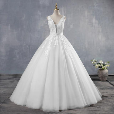 Sleeveless Lace Up Appliques Sequins A-line Floor Length Wedding Dress - SolaceConnect.com