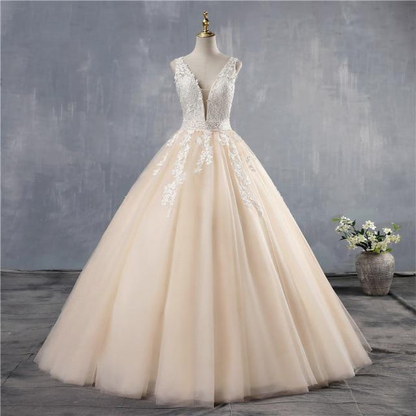 Sleeveless Lace Up Appliques Sequins A-line Floor Length Wedding Dress - SolaceConnect.com