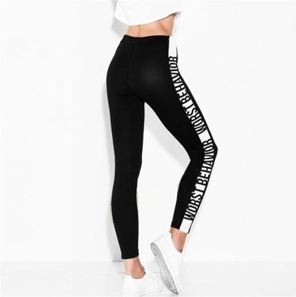 Slim Black Color White Letters Push Up Workout Polyester V-waist Jeggings - SolaceConnect.com