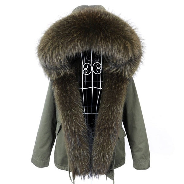Slim Fit Natural Raccoon Fur Collared Thick Winter Jacket for Women  -  GeraldBlack.com