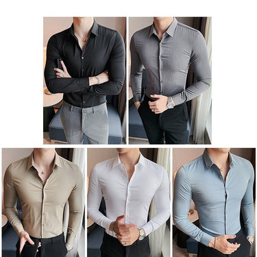 Slim Fit Striped British Style Long Sleeve Embroidery Collar Shirt for Men  -  GeraldBlack.com
