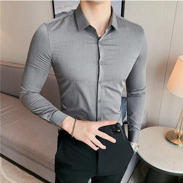 Slim Fit Striped British Style Long Sleeve Embroidery Collar Shirt for Men  -  GeraldBlack.com