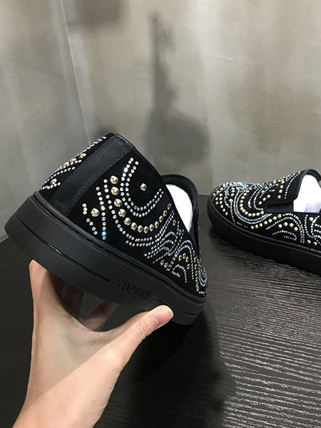 Slip On Men Shiny Diamonds Casual Rivets Studded Suede Leather Skateboard Shoes Spring Driving Shoes  -  GeraldBlack.com