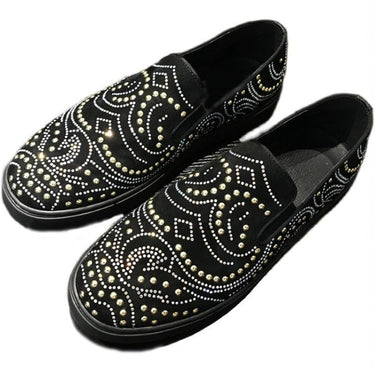 Slip On Men Shiny Diamonds Casual Rivets Studded Suede Leather Skateboard Shoes Spring Driving Shoes  -  GeraldBlack.com