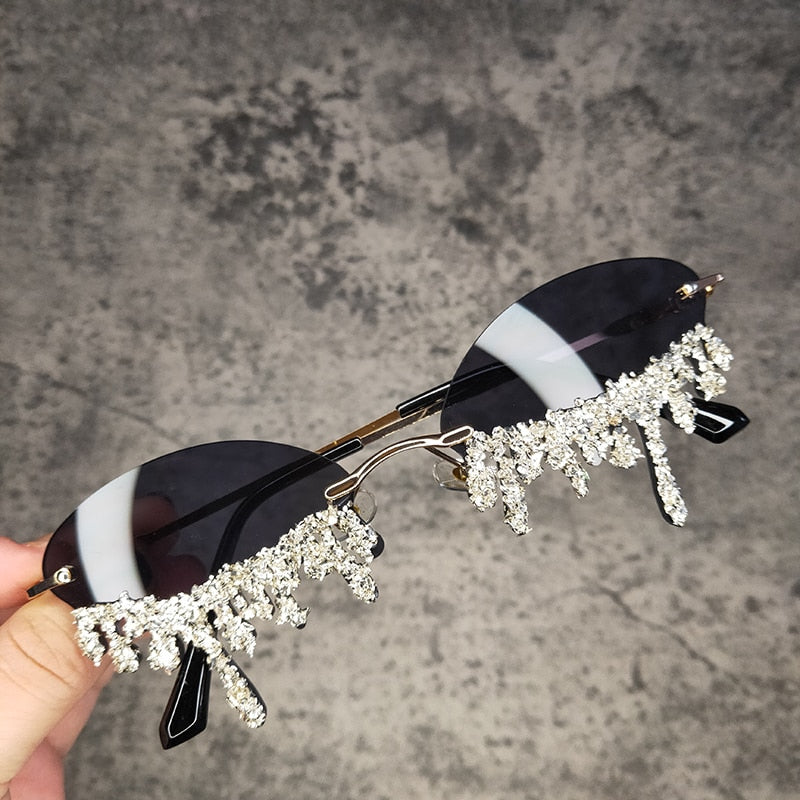 Small Oval Rimless Tear Shape Rhinestone Sunglasses With Stone Designer Punk Diamond Sun Glasses Gafas De Sol  -  GeraldBlack.com
