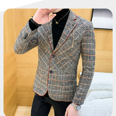 Smart British Style Plaid Pattern Woolen Wedding Dress Coat for Men<br> - SolaceConnect.com