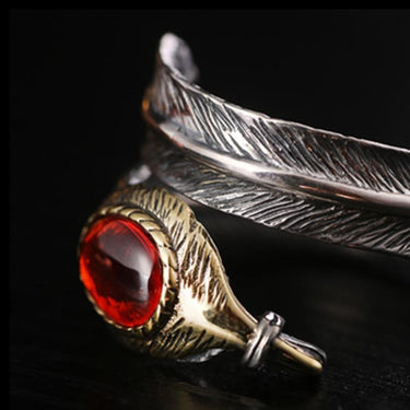 Solid 925 Sterling Silver Red Black Zircon Feather Love Retro Unisex Ring - SolaceConnect.com
