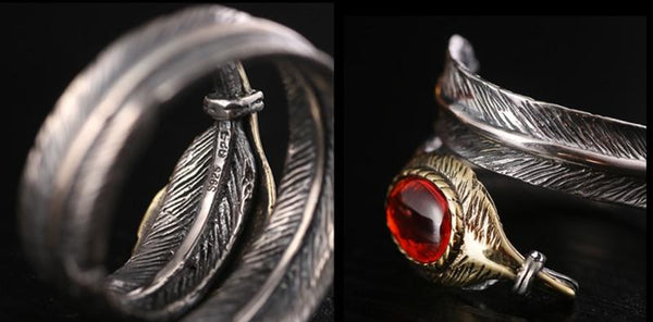 Solid 925 Sterling Silver Red Black Zircon Feather Love Retro Unisex Ring - SolaceConnect.com