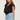 Solid Black Color Cropped Mesh Blouse with Surplice Neckline Smocking Waist  -  GeraldBlack.com