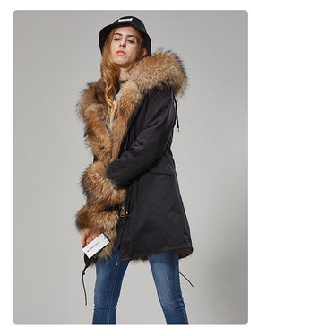 Solid Color Hooded Women's Long Winter Jacket with Natural Raccoon Fur Collar  -  GeraldBlack.com