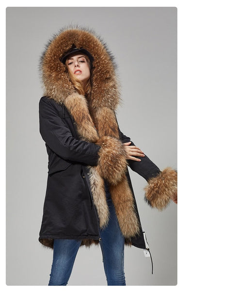 Solid Color Hooded Women's Long Winter Jacket with Natural Raccoon Fur Collar  -  GeraldBlack.com