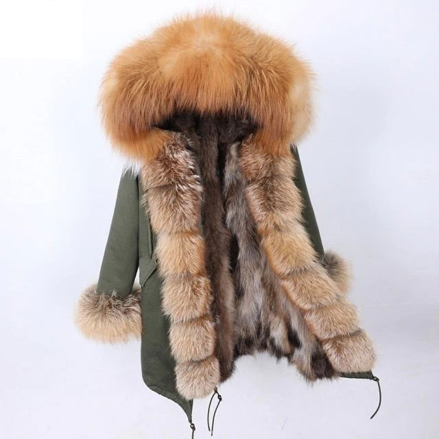 Solid Color Hooded Women's Winter Jacket with Natural Raccoon Fur Collar  -  GeraldBlack.com
