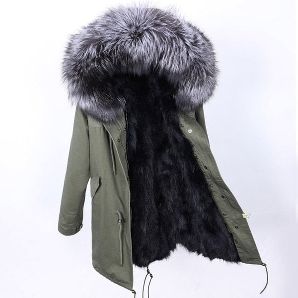 Solid Color Long Winter Jacket for Women with Natural Raccoon Fur Hood  -  GeraldBlack.com
