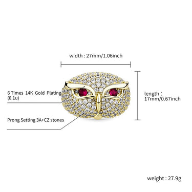 Solid Copper Iced Out Red Zircon Owl Ring Hip Hop Style Cocktail Jewelry  -  GeraldBlack.com