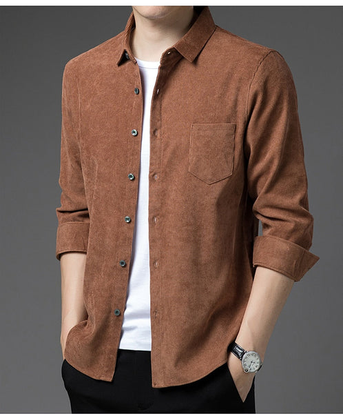 Solid corduroy pocket men's s clothing fashion long sleeve shirt luxury dress casual clothes jersey 9047  -  GeraldBlack.com