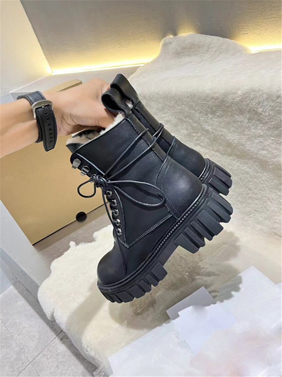 Solid Cozy Cross-tied Ankle Boots Warm Wool Martin Booties Side Zipper Platform Botines Round Toe  Chaussure  -  GeraldBlack.com