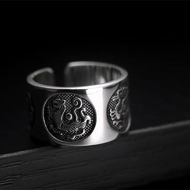Solid Silver Four Mythic Animal Vintage Chinese Adjustable Men's Ring - SolaceConnect.com