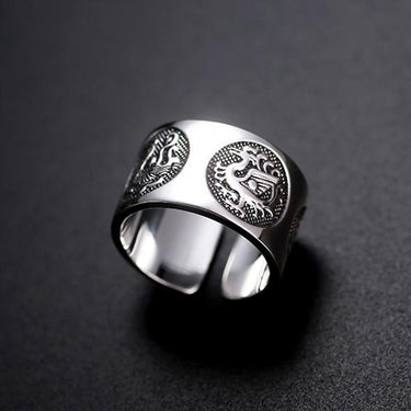 Solid Silver Four Mythic Animal Vintage Chinese Adjustable Men's Ring - SolaceConnect.com