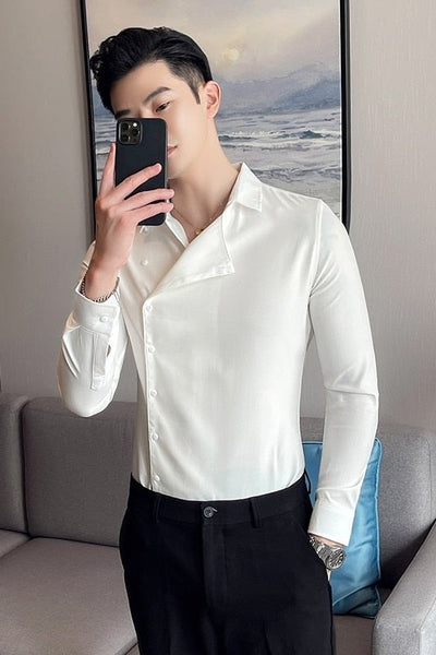 Solid Slim Fit Partial Placket Striped Plus Size Long Sleeve Shirt for Men  -  GeraldBlack.com