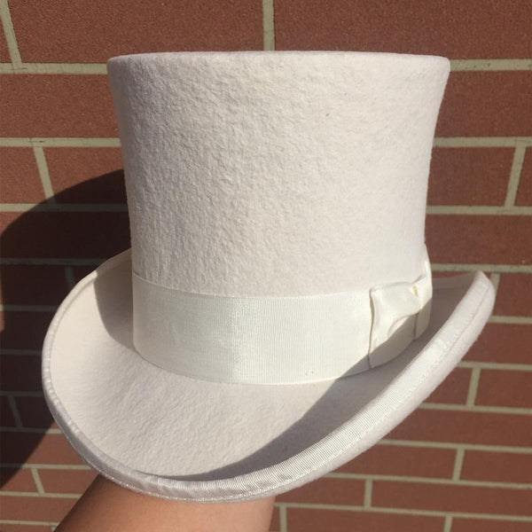 Solid White Groom Wedding Hat 7" Topper Cylinder in Wool Felt - SolaceConnect.com