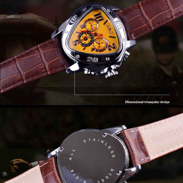 Sports Geometric Triangle Case Brown Leather Strap 3 Dial Men's Watch - SolaceConnect.com