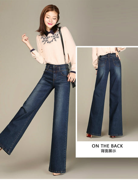 Spring and autumn Fashion casual plus size High waist Straight loose women wide leg stretch jeans  -  GeraldBlack.com