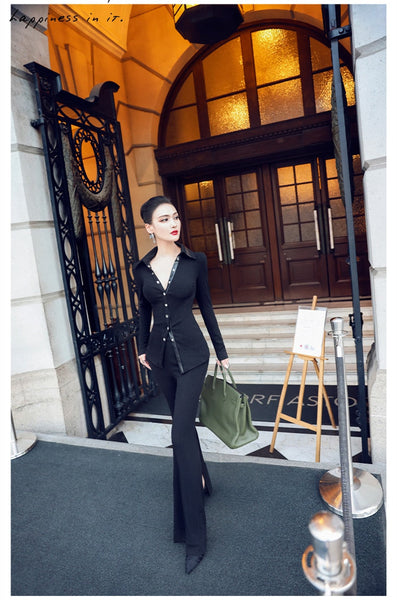 Spring and autumn office lady Fashion casual girls black long sleeve shirt pants suits sets clothing  -  GeraldBlack.com