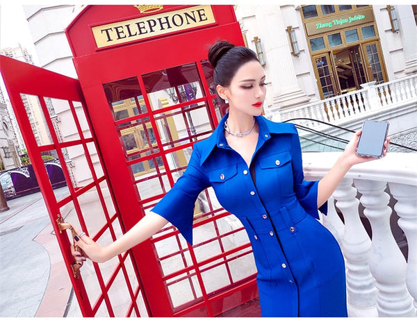 Spring and autumn office lady Fashion casual girls blue half sleeve dress clothing  -  GeraldBlack.com
