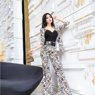 Spring and autumn office lady Fashion casual Leopard coat tops pants suits sets clothing  -  GeraldBlack.com