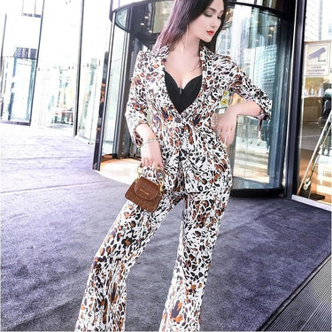 Spring and autumn office lady Fashion casual Leopard coat tops pants suits sets clothing  -  GeraldBlack.com