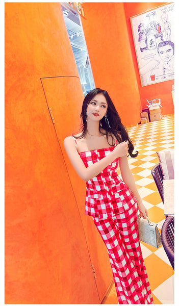 Spring and autumn office lady fashion casual women ladies plaid coat Sling pants suits sets clothing  -  GeraldBlack.com