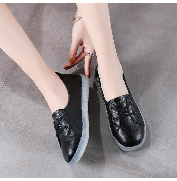 Spring Autumn Casual Women's Solid Genuine Leather Lace-up Flats Loafers - SolaceConnect.com